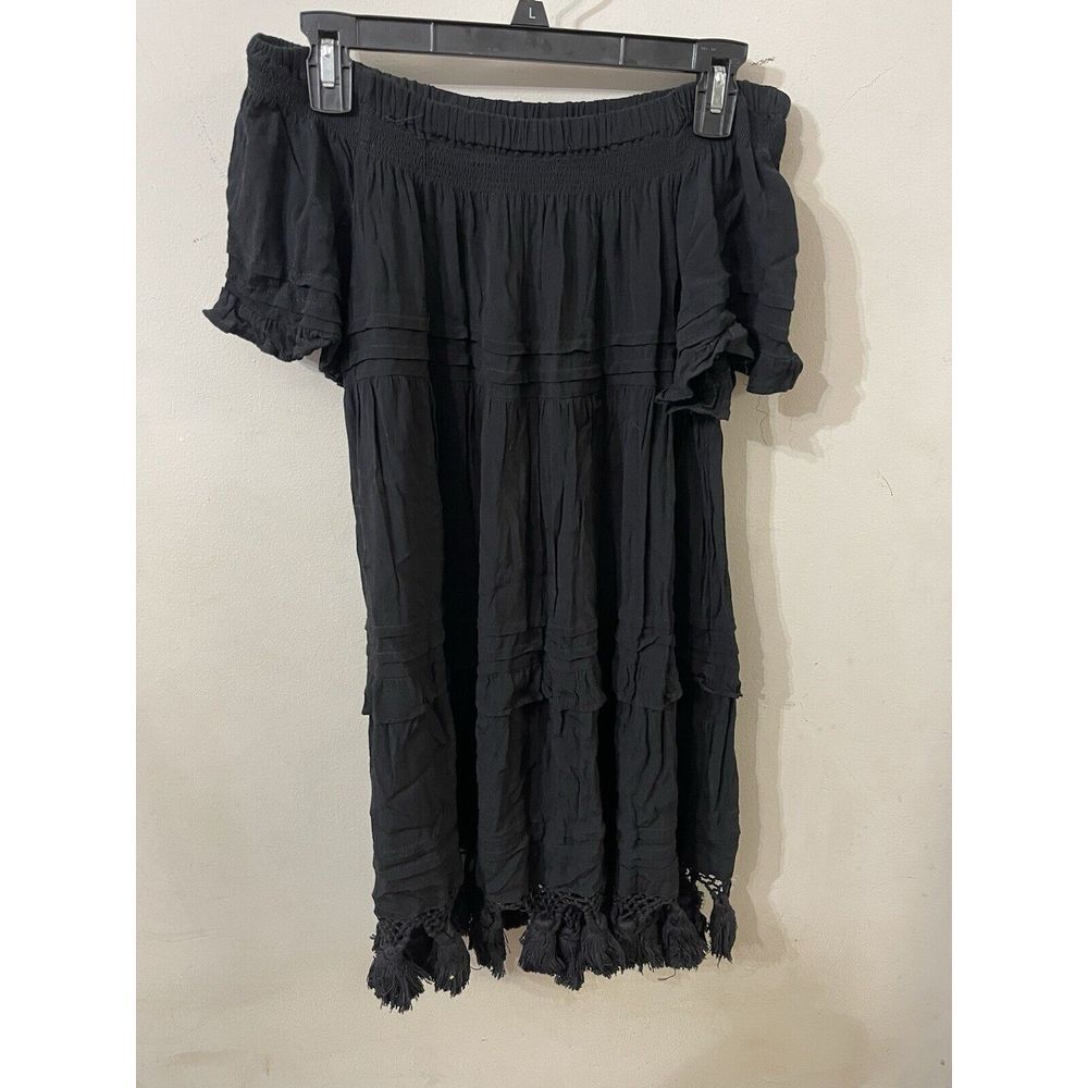 Vintage Havana Women Dress Size L Black Off Shoulder Crochet Tassel Fringe Hem